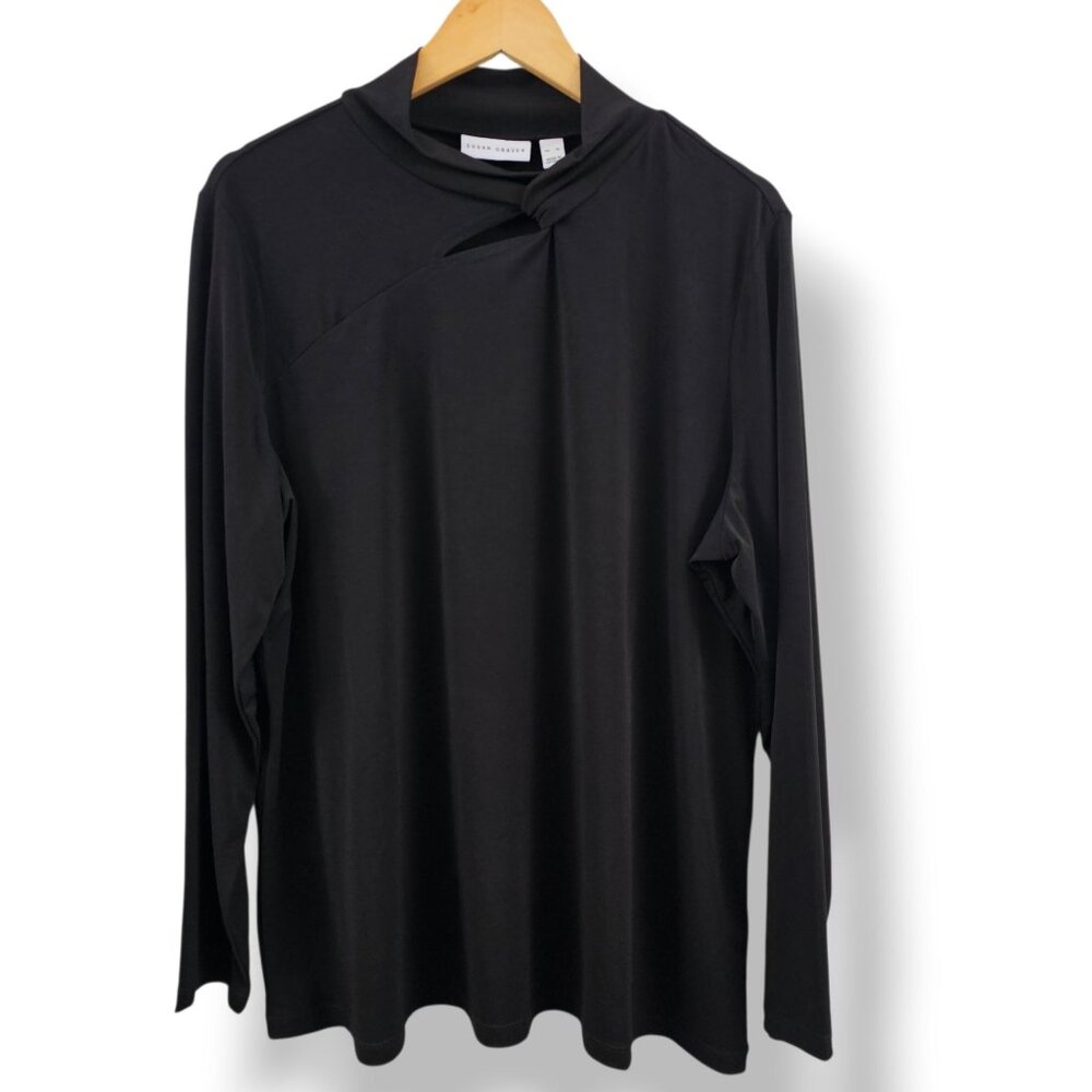 Susan Graver Liquid Knit Top Womens XL Black Long Sleeve Keyhole Neck Minimalist